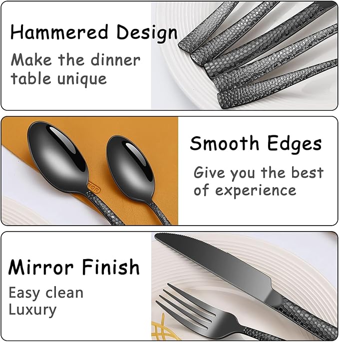 Black Hammered Silverware Set for 2, MIKIWAY 10 Pieces Stainless Steel Luxury Flatware Set, Cutlery Tableware Set, Kitchen Utensils Set Include Spoons And Forks Set, Mirror Polished, Dishwasher Safe