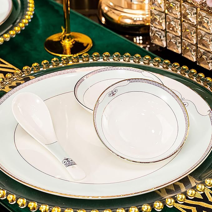 Bone China Tableware Set, 59-Piece Ceramic Tableware, Banquet Tableware for 8-10 People, Microwave-Safe Tableware, White Cyan Bone China
