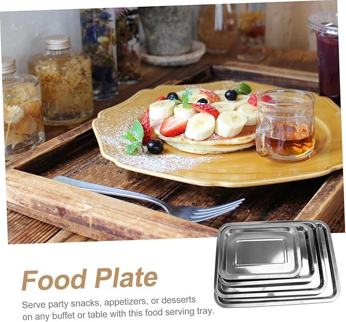 4pcs Stainless Steel Bread Tray Fruit Plate Cake Serving Plate Silver Tray for Home Dining