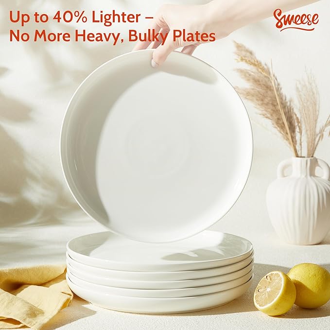 Sweese Porcelain Dinner Plates Set of 6, 10 Inch Lightweight Round Dish Set - Dishwasher, Microwave, Oven Safe, Scratch Resistant, Kitchen Serving Dishes - White