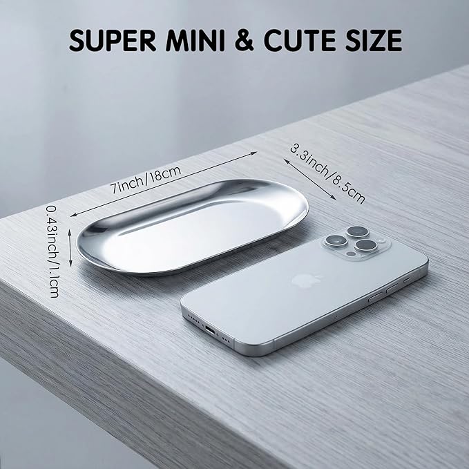 IMEEA 2-Pack Small Oval Tray, 7 x 3.3 Inch Stainless Steel Compact Vanity & Bathroom Counter Organizer for Jewelry, Perfume, Keys