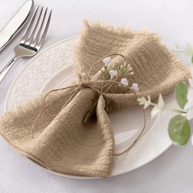 Socomi Set of 12 Linen Napkins Caramel Easter Spring Cloth Napkins Washable Fringe 17"x17" for Wedding Party Bridal Baby Shower Birthday Table Decorations