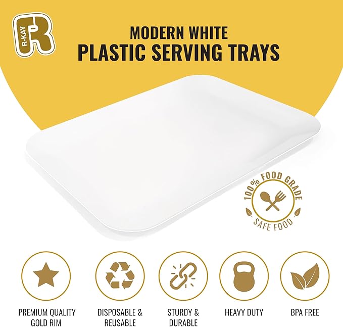 R-kay 3 Pack White Plastic Serving Trays for Party - Rectangular, 8 by 11 in, Heavy Duty Dessert Trays for Food