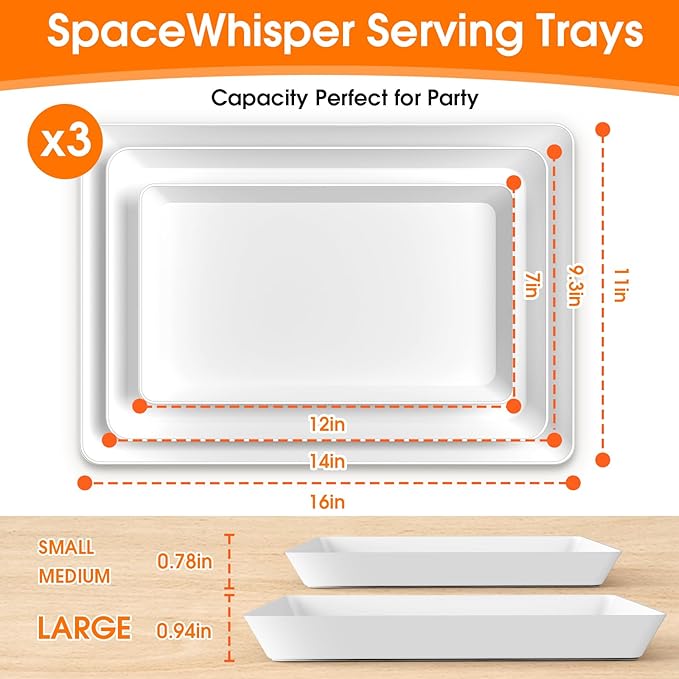 SpaceWhisper 9 Pack Serving Tray, Serving Platters for Snacks, Fruit, Cookies, Dessert, Large Reusable Rectangular Party Platters,3 Pack of 3 Size Set Large 16"*11",Medium 14"*9",Small 12"*7"