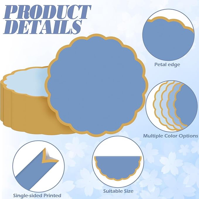 100 Pcs Dusty Blue Paper Placemats 13.5 Inch Disposable Scalloped Colorful Pastel Round Table Place Mats with Gold Edges, Decorative Colors Mats for Birthday Wedding Baby Shower Banquet Tea Party