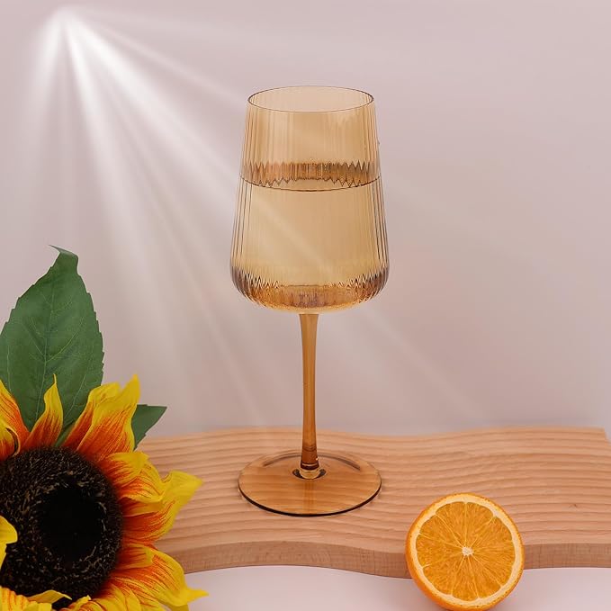 Hand Blown Ribbed Wine Glasses with stem, Lead-Free Crystal Glasses, Luxury Gift, Set of 4, Unique, 18oz Premium Wine Goblet, Large capacity, Fluted Design (Winter Colored)