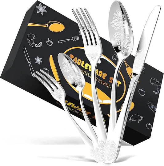 40-Piece Stainless Steel Silverware Set, Elegant Floral Engraved Cutlery Flatware Set for 8, Durable Tableware Utensil Sets Silver Include Fork Spoon Knife with Mirror Polish