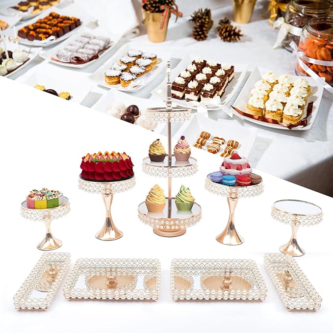 9 Pcs Gold Cake Stand Set, Acrylic Mirror Surface Vintage Cake Stand, Round Dessert 3-Tier Tower Plate Holder Decor Serving Platter Crystal Cakes Stands Wedding, Party, Baby Shower