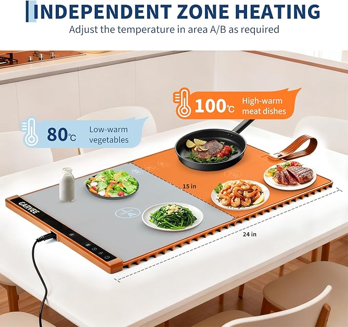 GarveeHome Food Warming Mat for Countertop, 24x15 Inch Dual Zone Electric Warming Tray with Timer & 6 Temp Settings, Portable Food Warmer for Parties Buffets Home Daily Use, Orange