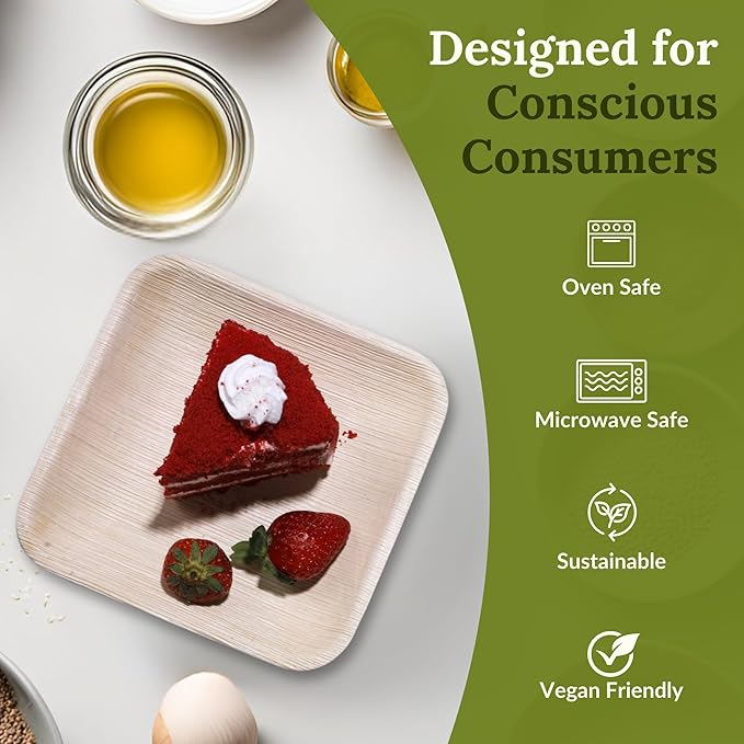 8 inch Square Palm Leaf Plates 50 pcs Compostable and Biodegradable Disposable Plates, Microwave Safe, Heavy-Duty Sustainable Appetizer and Dessert Plates for Parties, Picnics and Weddings