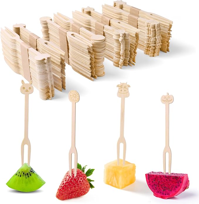 Bamboo Small Forks, 4.72 Inch 200 (4 Designs x 50) Appetizer Forks, Mini/Tiny Forks Dispoable Compostable for Charcuterie, Fruit, Desserts, Cocktail Parties, Wedding Snacks Bamboo Appetizer Picks