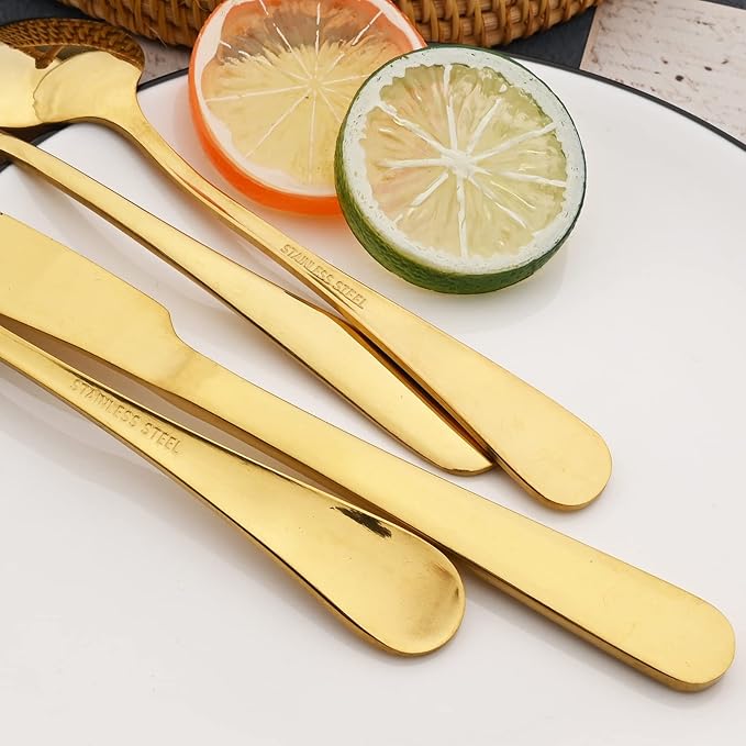 JASHII 25-Piece Fork Spoon Knife Silverware Set with Serving Utensils for 4, Food Grade Stainless Steel Flatware Cutlery Set for Home and Restaurant, Dishwasher Safe - Shiny Gold