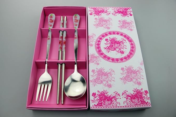 Stainless Steel Teaspoons Dinner Spoon Fork Chopsticks 3pcs Flatware Serving Sets，