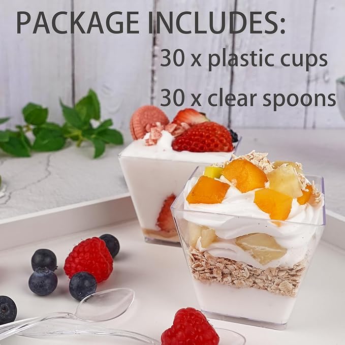 30 Pack 3.5 oz Square Dessert Cups with Spoons, Mini Plastic Parfait Appetizer Cups, Clear Reusable Small Shooter Cups, Serving Bowls for Tasting Party Samples Dessert Shot Glasses
