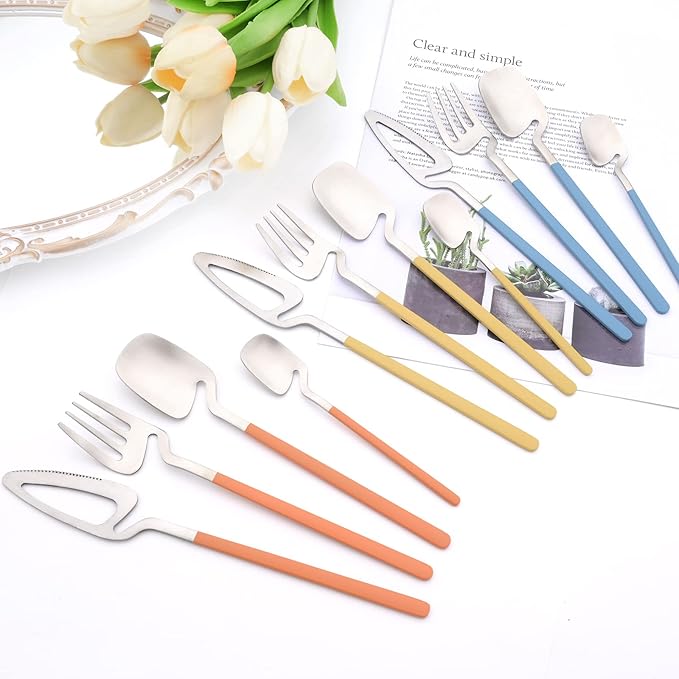 24pcs Household Cutlery Set, Matte Metal 18/10 Stainless Steel kitchen Utensils With Nice Coloured Handles For 6 People, Gift Box Packaged (Yellow Silver)