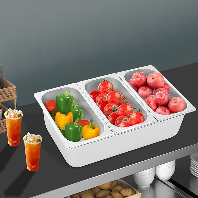 Three-Compartment Fruit Pan with Acrylic Lids and Water-Filtering Gaskets Stainless Steel 3 Pans Food Storage Container for Restaurants Buffet Display