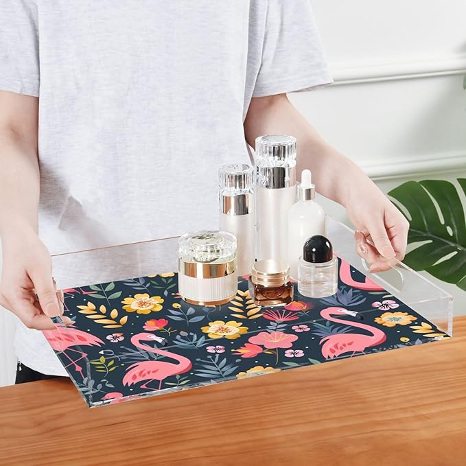 Serving Tray with Handles Clear Acrylic Tray 12x16 Inch Decorative Rectangular Tray Organizer for Ottoman Coffee Table Bathroom Flower and Flamingo Black
