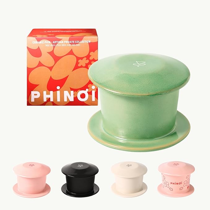 [Holiday Gift] Ceramic Vietnamese Phin Filter by PHINOI, Pour Over Coffee Dripper, 1-3 Cup Coffee Maker with Flower Design, Reusable Coffee Filter for Manual Brewing, Travel Friendly (Celadon Green)