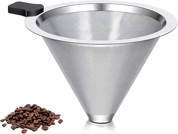 Pour Over Coffee Filter Dripper Stainless Steel Paperless Drip Coffee Tea Filter Small Size Reusable Double Mesh Coffees Maker Dripper for 1-2 Cups