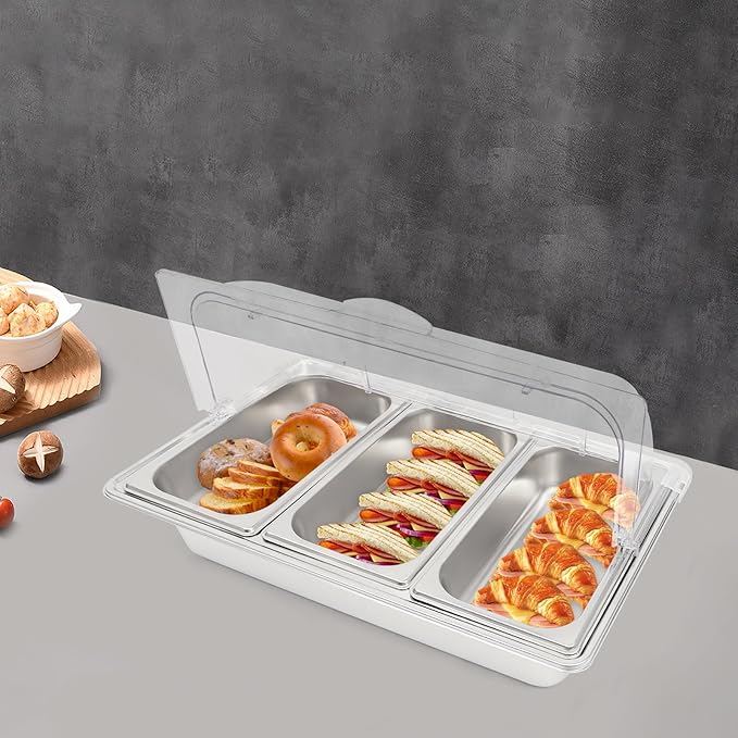 Countertop Food Serving Display Container with Clear Roll Top Cover, Stainless Steel Food Serving Tray Buffet Condiment Dispenser for Parties, Hotels, Weddings