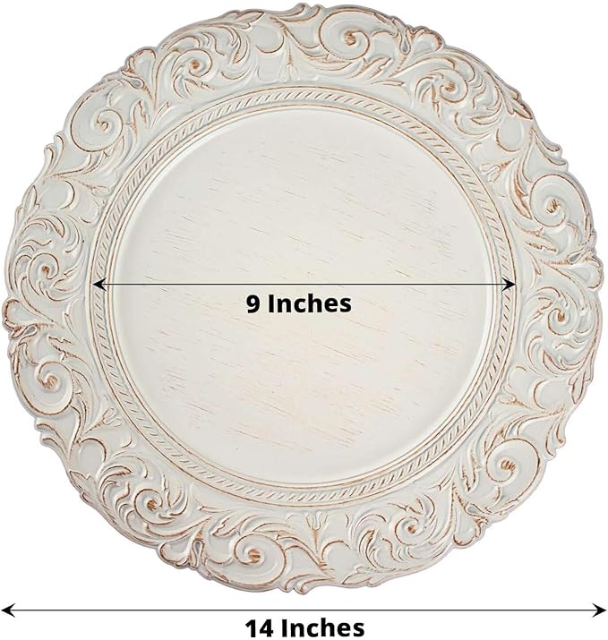 Efavormart Set of 6 Antique White/Gold 14" Round Plastic Charger Plates With Engraved Baroque Design Rim For Wedding Party Events
