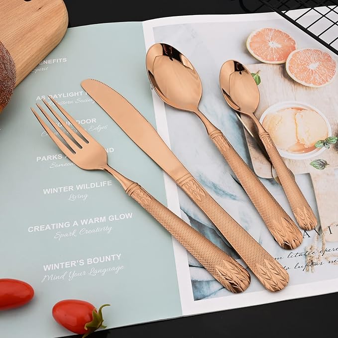 JASHII Copper 304 Stainless Steel Hammered Silverware Set with Wheat Spike Pattern, Modern Eating Tableware Flatware Set, Service for 6. Flat Handle, Dishwasher Safe - Shiny Rose Gold
