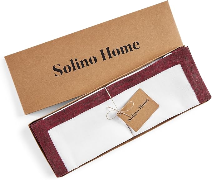Solino Home Linen Placemats Set of 4 - Red Garnet and White Placemats 14 x 19 Inch - 100% Pure Linen Table Place Mats for Christmas, New Year - Classic, Handcrafted and Machine Washable