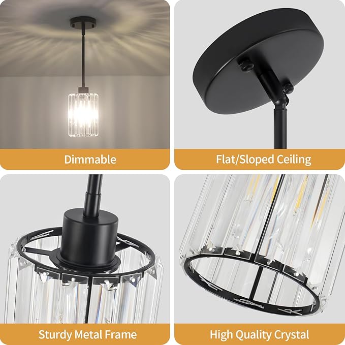 3 Pack Black Pendant Light, Modern Crystal Pendant Lights Kitchen Island Lighting, Hanging Light Fixtures Mini Chandelier Pendant Lights for Island Dining Room Hallway Bedroom