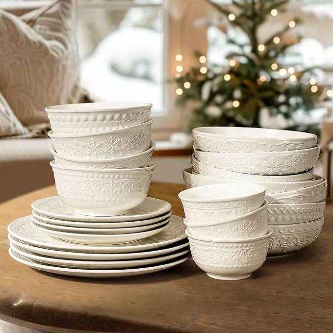 Salad Plates Set of 4 - 8.25 Inch Ceramic Embossed Appetizer and Dessert Plates, Modern White Small Dinner Set for Kitchen - Microwave, Oven and Dishwasher Safe (Brocade Flower)
