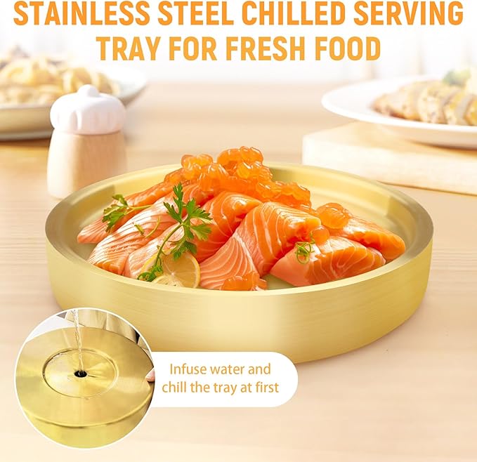 9.4" Stainless Steel Chilled Serving Trays for Parties Containers, Round Gold Ice Tray for Food Buffet Bowls Box Platter Server Cold Ice Vegetable Fruits Snacks Shrimp Cocktail Fridge (Gold)