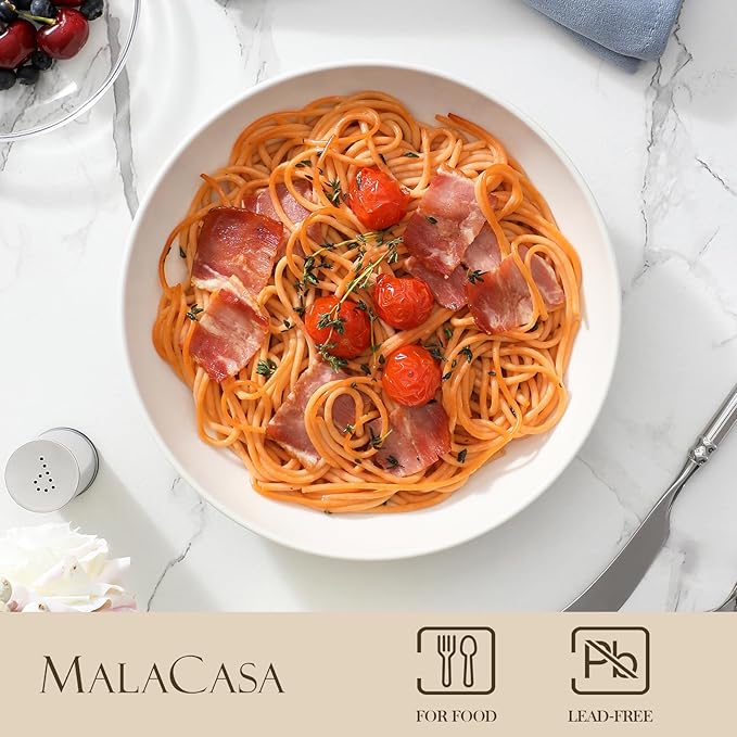 MALACASA 8.85" Large Pasta Bowls, 42 OZ White Salad Bowls Soup Bowls, Porcelain Serving Bowls Set of 4, Large Kitchen Bowl Plates Pasta Plates, Microwave & Dishwasher Safe, Series REGULAR