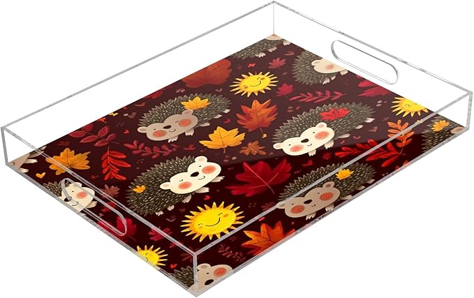Serving Tray with Handles Clear Acrylic Tray 12x16 Inch Decorative Rectangular Tray Organizer for Ottoman Coffee Table Bathroom Autumn Leaves Hedgehogs Brown