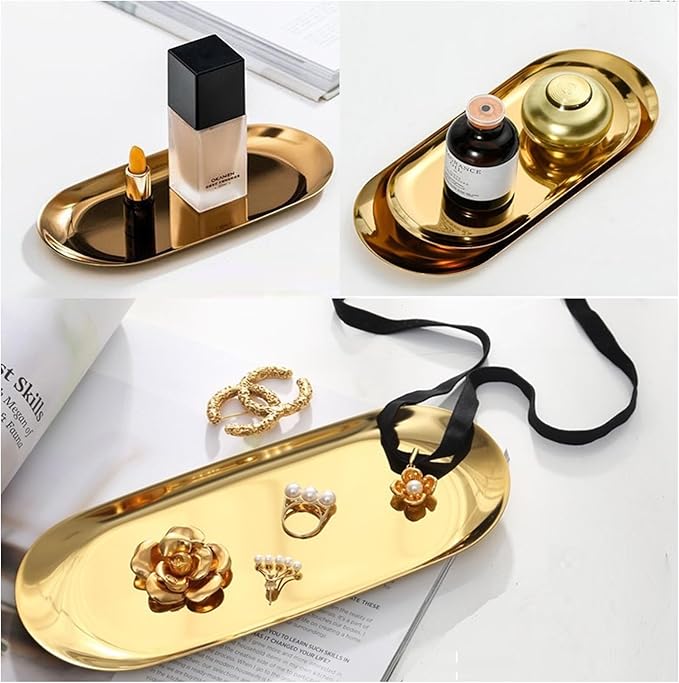 [2pk] Gold Decorative Tray, Perfume Bathroom Jewelry Vanity Mirror Candle Trinket Towel Pallet, Small Metal Stainless Steel Tray, Oval,XXL 12 x 4.7 x 0.5 in