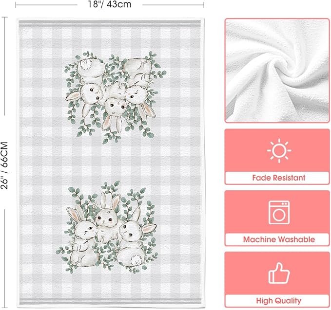 Artoid Mode Grey Bunny Rabbit Eucalyptus Easter Kitchen Towels Dish Towels, 18x26 Inch Seasonal Spring Decoration Hand Towels Set of 4