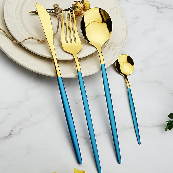 36-Pieces Silverware Mirror Polished Dinnerware Gold Flatware With Blue Handle, 18/0 Stainless Steel Cutlery Set For Home Kitchen Party Hotel Restaurant Wedding Service for 6