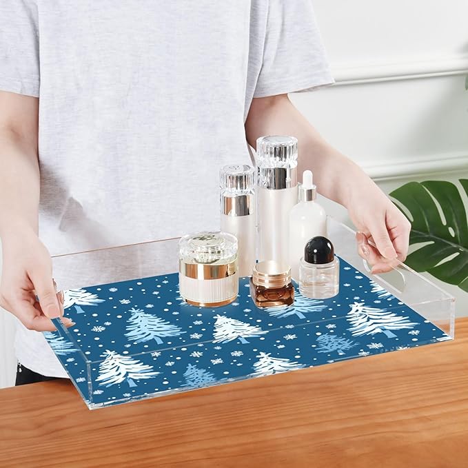Serving Tray with Handles Clear Acrylic Tray 12x16 Inch Decorative Rectangular Tray Organizer for Ottoman Coffee Table Bathroom Winter Snow Trees Blue