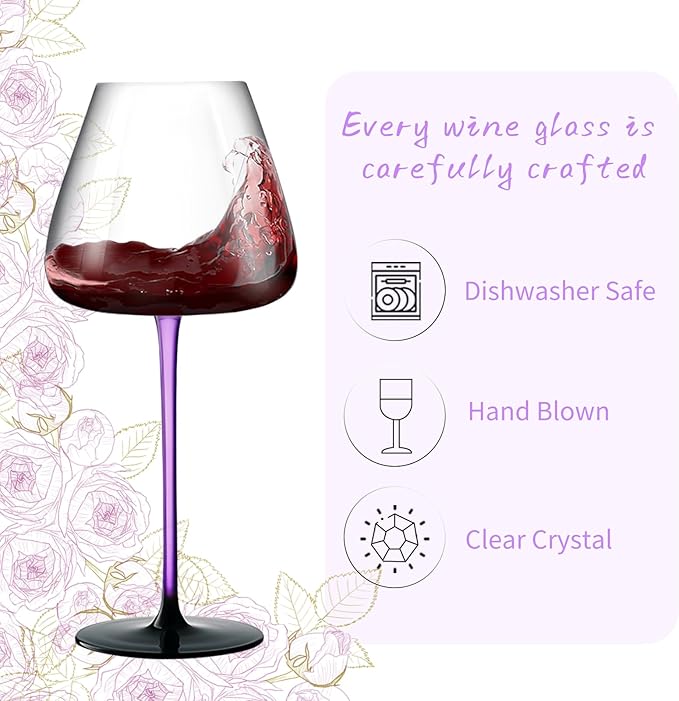 Crystal Wine Glasses Set of 2 with Gift Box. Dishwasher Safe. 24oz Large Purple Wine Glasses with Long Stem for Women.Hand-Blown ,Thin Rim. Gift for Wife,Girlfriend,Mom.Unique & Modern Design