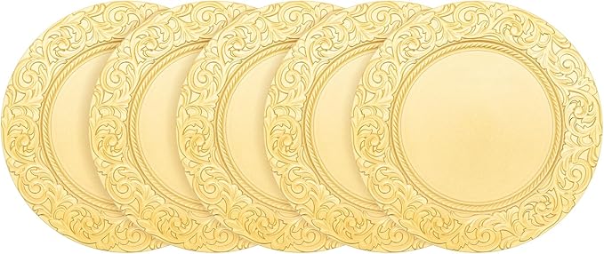 100 Pcs Antique Charger Plates 13 Inch Embossed Rim Plastic Decorative Round for Table Setting Wedding Party Event Tabletop Setting Decor (Gold)