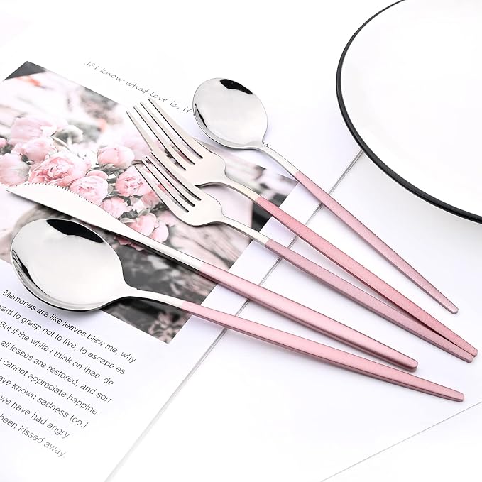 30-Piece Snplowum Mirror Flatware Serving Set, 18/0 Stainless Steel Dinnerware With Pink Handle, Modern Durable Home Kitchen Eating Tableware Set Service For 6 (Pink Silver)