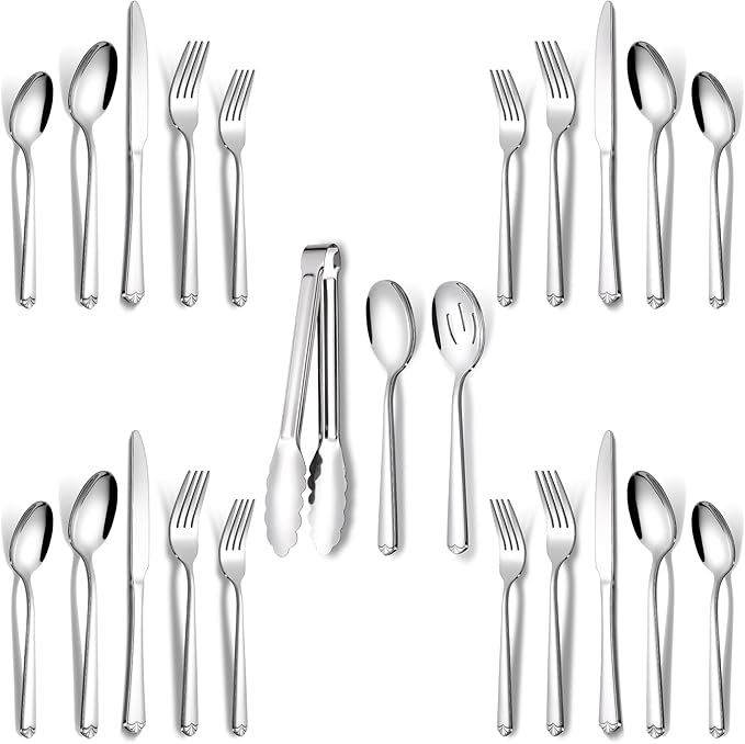 Silverware Set for 4, Prendcyx 23 Piece Stainless Steel Flatware Utensils Cutlery Set Including Knife Fork Spoon and Metal Serving Utensils, Dishwasher Safe, Mirror Polish