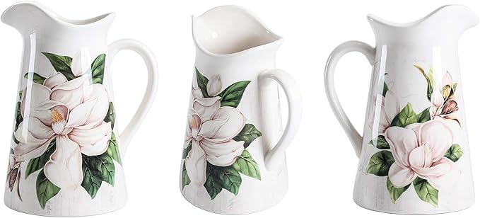 Bico Magnolia Floral Ceramic 2.5 Quarts Pitcher with Handle, Decorative Vase for Flower Arrangements, Dishwasher Safe
