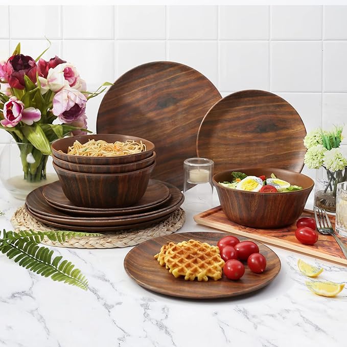 TP 12-Piece Dinnerware Set, Melamine Dishes Set with Bowls and Plates, Non-breakable and Lightweight Dinner Service for 4, Wood Grain