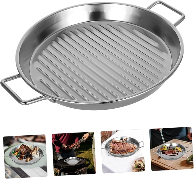 Mobestech Silver Stainless Steel Round Serving Tray Versatile Bbq Platter for Seafood Steak Snacks Easy to Clean Stackable Design for Home Outdoor Use