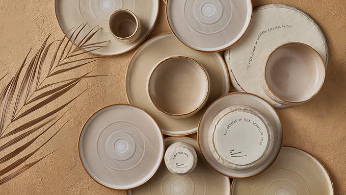 Stone by Mercer Project SHOSAI 16-Piece Stoneware Dinnerware Set, Plates and Bowls Set, Modern Dishware set fo 4, Sand