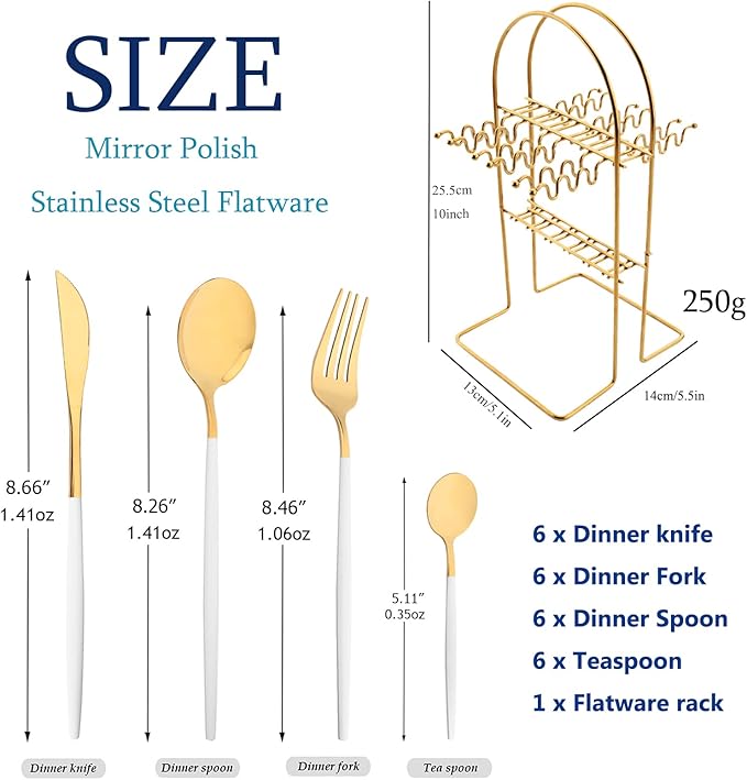 White Gold 24Pcs Flatware Set With Stand, Lightweight Dinnerware Set Stainless Steel Cutlery With White handles For Home Kitchen Wedding Party And Daily Use,Service For 6, Mirror Polish