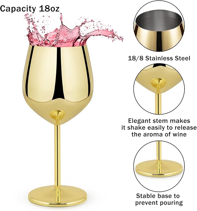 Lifecapido Stainless Steel Wine Glasses Set of 8, 18oz Stainless Steel Wine Goblets, Stemmed Metal Wine Glasses with Cup Brush for Party Office Wedding Anniversary, Great for Red White Wine (Gold)