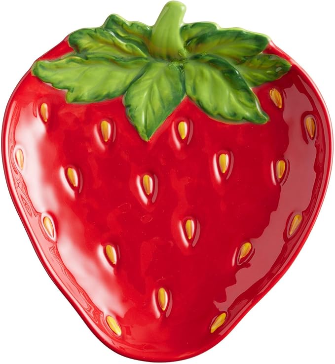 Strawberry Plates Ceramic Appetizer Plates - Hand Painted Strawberry Figural Ceramic Plate for Salad, Cereal, Dessert or Dinner - Platos de Cocina - Creative Fruit Shape Stoneware Dish for Snacks