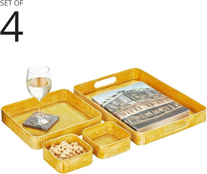 mDesign Nesting Hammered Stainless Steel Tray Set with Handles - Decorative Serving Trays for Entertaining - Holds Food, Tea, or Coffee - Metal Serving Platter for Breakfast Table - Set of 4 - Yellow