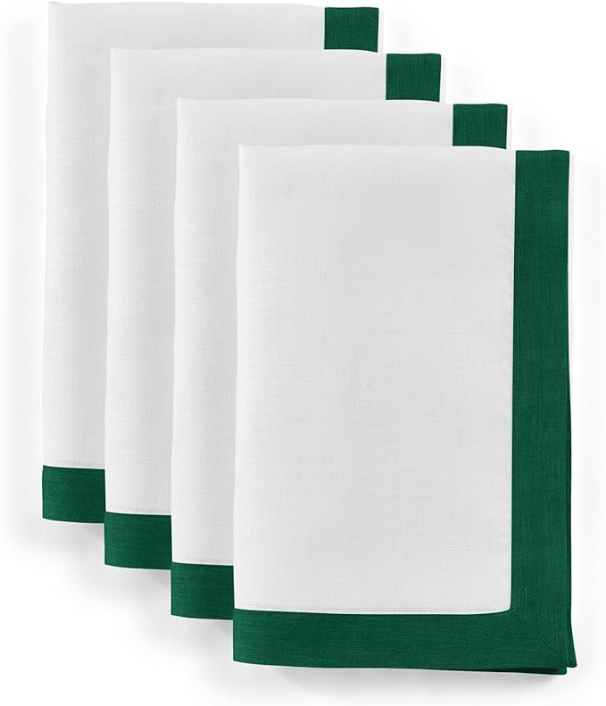 Solino Home Linen Napkins Set of 4-100% Pure Linen Rainforest and White Dinner Napkins Cloth 20 x 20 Inch for Winter, Christmas - Classic, Handcrafted and Machine Washable