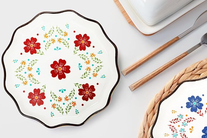 4 Pack Ceramic Dessert Plates, 7.5 Inch Small Floral Dinner Appetizer Plate, Lunch Salad Serving Dishes, Vintage Flat Pasta Bowl for Steak Fruit Pizza, Dishwasher & Microwave Safe